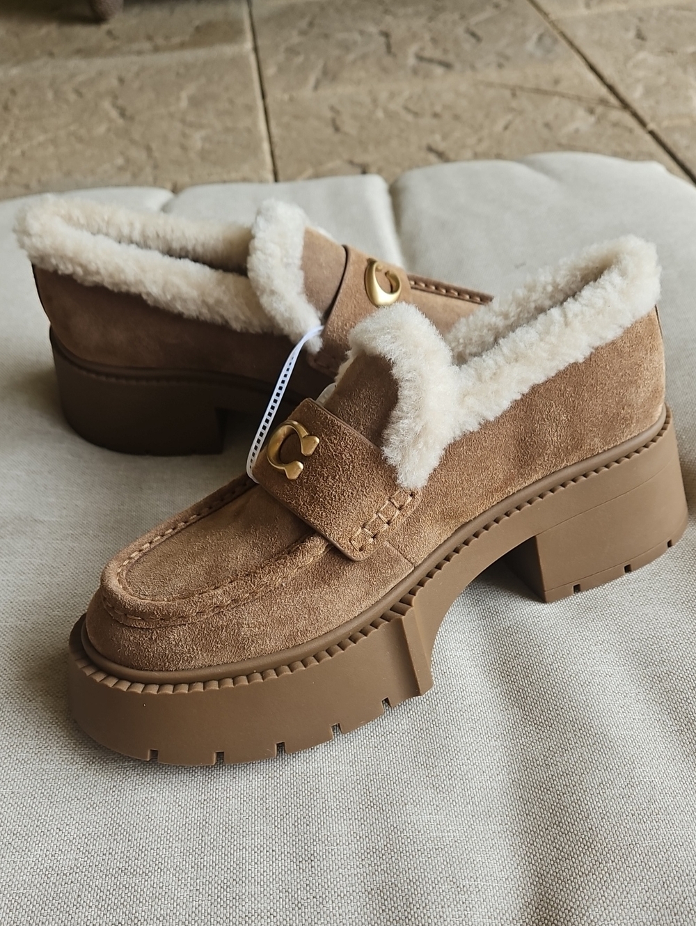Coach Leah Platform Lug Sole Loafer Suede & Shearling Upper Coconut/Natural, 7 - Picture 2 of 10
